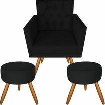 Poltrona Decorativa Cadeira Larah Capitonê Preto E 2 Puffs Poltrona Decorativa Cadeira Larah Capitonê Preto E 2 Puffs