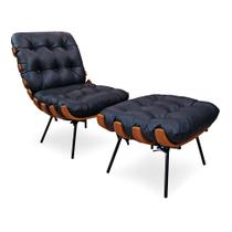 Poltrona Decorativa com Puff Laura Couro Azul - Sallar Home Poltrona Decorativa com Puff Laura Couro Azul - Sallar Home