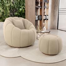 Poltrona Decorativa Concha Fixa com Puff Estilo Abóbora Shell Veludo Bege - Desk Design