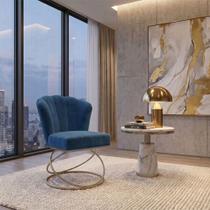 Poltrona Decorativa Estofada Base Aço Encosto Ergonômico Champagne e Azul Marinho Mobília Decor Poltrona Decorativa Estofada Base Aço Encosto Ergonômico Champagne e Azul Marinho Mobília Decor