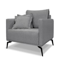 Poltrona Decorativa Estofada em Linho Cinza com Pés Metálicos - Living Lucadi Home Poltrona Decorativa Estofada em Linho Cinza com Pés Metálicos - Living Lucadi Home