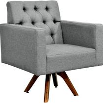 Poltrona Decorativa Giratória Base de Madeira Manu Capitonê Linho Cinza Escuro - Lyam Decor