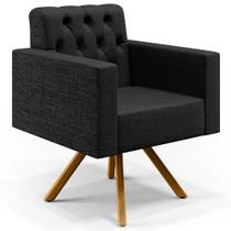 Poltrona Decorativa Giratória Base de Madeira Manu L02 Capitonê Linho Chumbo - Lyam Decor