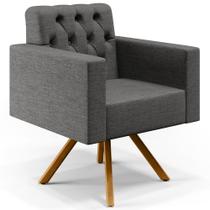 Poltrona Decorativa Giratória Base de Madeira Manu L02 Capitonê Linho Cinza Escuro - Lyam Decor