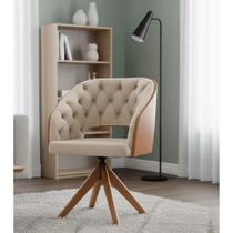 Poltrona Decorativa Giratoria Mari Laminada com pés de Madeira Capitonê Linho Bege - Gustavo Decor