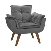 Poltrona Decorativa Gran Opala Suede Cinza para Sala de Estar Luxo Escritório Quarto