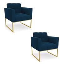 Poltrona Decorativa Industrial Dourado Kit 2 Elisa Bouclê Azul D03 - D'Rossi