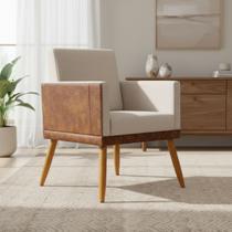 Poltrona Decorativa Lis Para Sala Quarto Recepção Escritório Consultório Linho e Material Sintético Assento Confortável Pé Palito Castanho