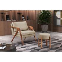Poltrona Decorativa Mona Braça em Madeira Maciça Linho bege Ideal Moveis