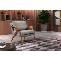 Poltrona Decorativa Mona Luxo Linho Cinza e Base Madeira Maciça