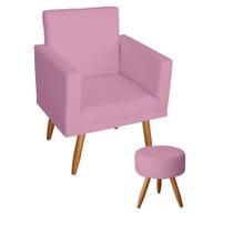 Poltrona Decorativa Nina com Estrutura Madeira Maciça e Puff Sófia Pés Palito Rosa Bebê Mafer
