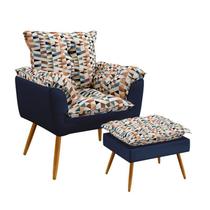Poltrona Decorativa Opala com Puff Lunar Sued Estampado Laranja com Azul Marinho Aradecor