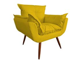 Poltrona Decorativa Opala Couro Amarelo Pés Madeira Mz Decor