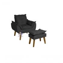 Poltrona Decorativa Opala E Puff Opala Preto Com Fibra De Silicone E Pés Quadrado