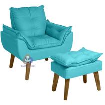 Poltrona Decorativa Opala e Puff Opala Suede Azul Turquesa
