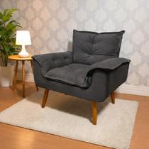 Poltrona Decorativa Opala Suede Cinza para Sala de Estar Luxo Escritório Quarto