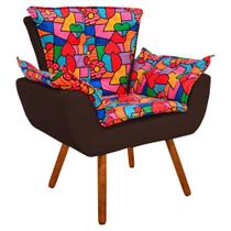 Poltrona Decorativa Opala Suede Composê Estampado Romero Britto D15 e Suede Marrom - D'Rossi