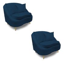 Poltrona Decorativa Orgânica Pé Ferro Dourado Kit 2 Zaya Bouclê Azul C05 - D'Rossi
