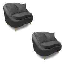 Poltrona Decorativa Orgânica Pé Ferro Dourado Kit 2 Zaya Bouclê Grafit C05 - D'Rossi