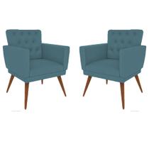 Poltrona Decorativa Pés Palito Nina Encosto Estilo Capitonê Azul Turquesa