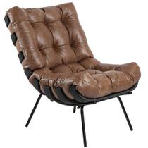 Poltrona Decorativa Sala de Estar Costela Preto L04 Couro Mel - Lyam Decor