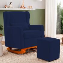 Poltrona Decorativa Sala de Estar Zoe com Base Balanço e Puff Suede Azul Marinho - Abmaza