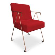 Poltrona Decorativa Taina Suede Vermelho Base Metálica Industrial Cobre - Pallazio