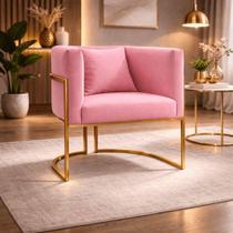 Poltrona Design Base Dourada Luxo Moderna Sala Luna Suede Rosa Poltrona Design Base Dourada Luxo Moderna Sala Luna Suede Rosa