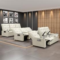 Poltrona do Papai Reclinável Sala de Cinema Movie 3 Lugares Manual Baú USB Veludo Bege