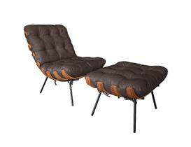 Poltrona e Puff de Couro Costela - Charcoal - Mempra