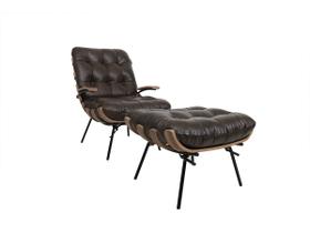 Poltrona e Puff de Couro Costela com Braço Marrom Bicolor - Mempra