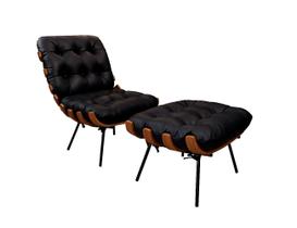 Poltrona e Puff de Couro Costela - Preto com Brilho - Mempra