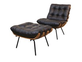 Poltrona e Puff de Couro Costela - Preto Pigmentado - Mempra