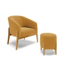 Poltrona e Puff Decorativo Base Madeira Stella Bouclê Mostarda D03 - D'Rossi Poltrona e Puff Decorativo Base Madeira Stella Bouclê Mostarda D03 - D'Rossi