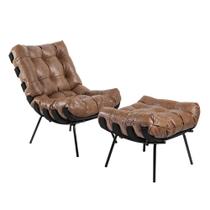 Poltrona e Puff Decorativos Sala de Estar Costela Base Preta Couro Mel G34 - Gran Belo Poltrona e Puff Decorativos Sala de Estar Costela Base Preta Couro Mel G34 - Gran Belo