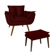 Poltrona E Puff Opala Pés Palito Suede Vermelho Bordô - LM DECOR