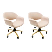 Poltrona Escritório Eduarda em Linho Rosé base dourada com regulagem de altura Kit 2 Peças