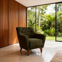 Poltrona Estilo Clássico Em Linho Verde Oliva Pés De Madeira Maciça Em Capitonê Com Encosto Alto .