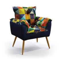 Poltrona Estofada Decorativa Beta com Pés Palito F-015 N-025 Sued Estampado Colorido com Veludo Azul Poltrona Estofada Decorativa Beta com Pés Palito F-015 N-025 Sued Estampado Colorido com Veludo Azul