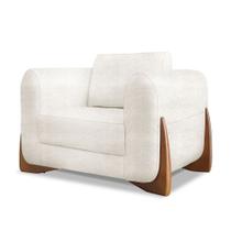Poltrona Estofada em Linho Bouclé Off White com Detalhes em Madeira - Jobim Lucadi Home Poltrona Estofada em Linho Bouclé Off White com Detalhes em Madeira - Jobim Lucadi Home