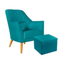Poltrona Estofada Orion Bordada com Puff Quasar Sued Azul Turquesa Aradecor