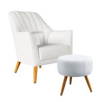 Poltrona Estofada Orion Bordada com Puff Solar Couro Branco Aradecor