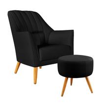 Poltrona Estofada Orion Bordada com Puff Solar Couro Preto Aradecor