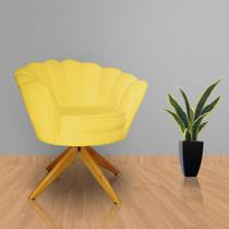 Poltrona Estofada Sala de Estar Base Giratória de Madeira Pétala Suede Amarelo - LM DECOR