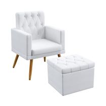 Poltrona Estofada Vega Com Rodapé E Capitonê Com Puff Quasar Couro Branco Aradecor