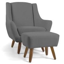 Poltrona Fixa Com Puff Pés De Madeira Linho Cinza C-416 Poltrona Fixa Com Puff Pés De Madeira Linho Cinza C-416