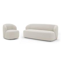 Poltrona Giratória e Sofá Orgânico Living Leez 205cm 03 Lugares Bouclê Off White - Abmaza
