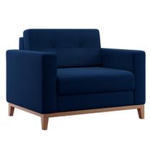 Poltrona Living Pés e Base em Madeira Linho Cotton Azul Marinho