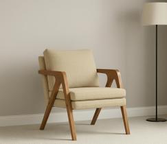 Poltrona Mona Estofado Em Linho Decorativa Moderno Luxo Pés De Madeira Maciça Para Sala Estar Quarto Recepção
