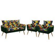Poltrona Namoradeira e 2 Poltronas Opala F-015 Sued Estampado Colorido com Veludo Aradecor